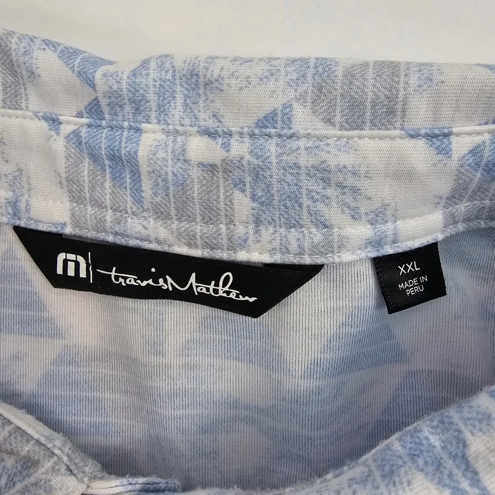Travis Mathew Mens Polo XXL Blue Geometric‎ Palm Trees TB Lightning Logo Golf